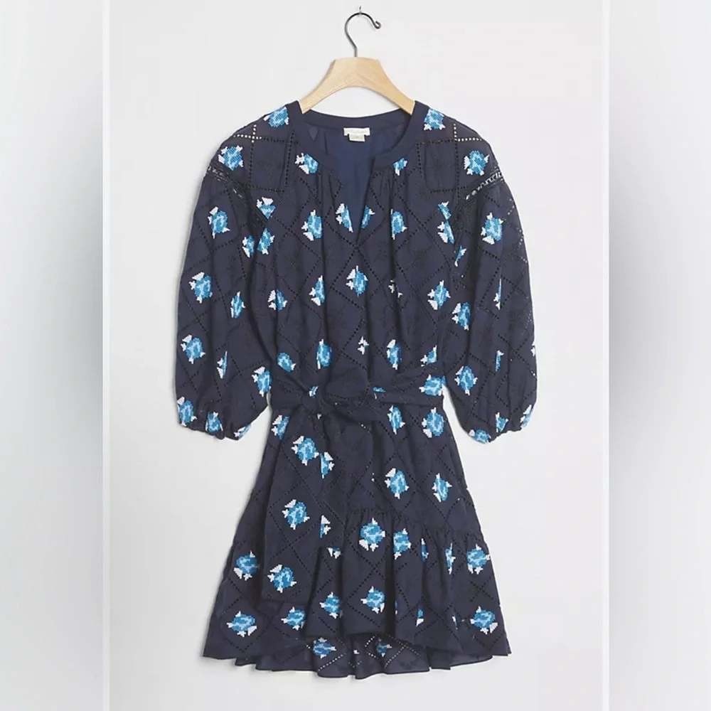 Shoshanna Imelda Navy Floral Eyelet Overlay Puff Sleeve Cottagecore Mini Dress-0